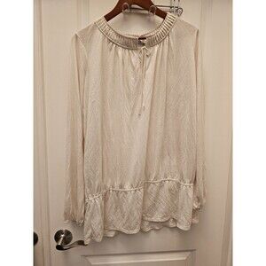 Jones New York Cream Peasant Blouse Shimmer Gold Metallic Balloon Sleeve Plus 1X